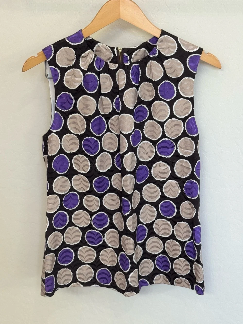 Tory Burch Silk Blend Geometric Circle Print Sleeveless Blouse Purple Size 8